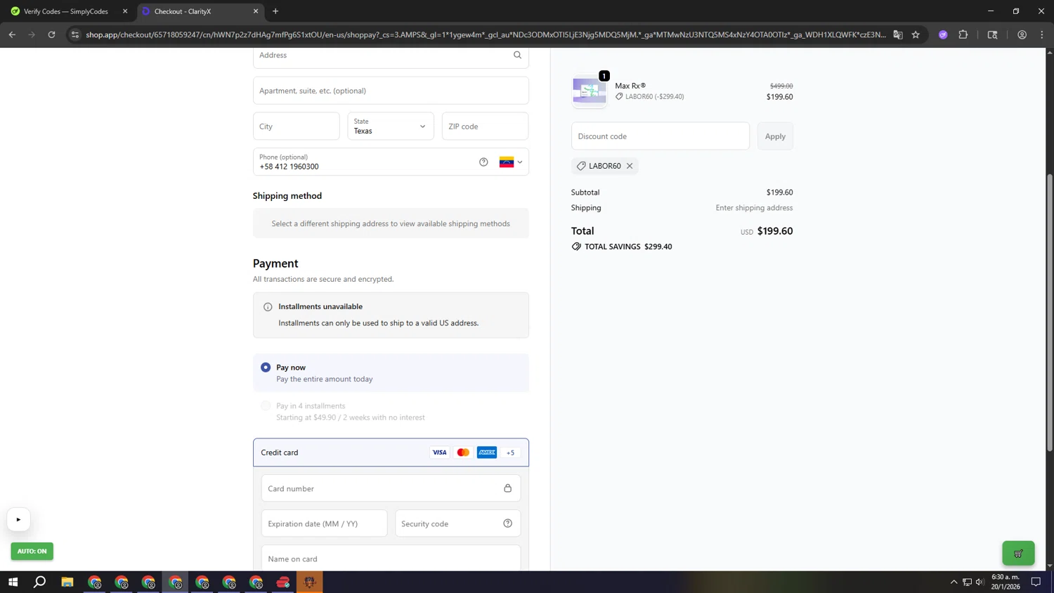 ClarityX DNA promo code screenshot showing code LABOR60 applied at ClarityX DNA checkout page. Uploaded by SimplyCodes community member gggggggggggggggggggggg on Jan 20, 2026