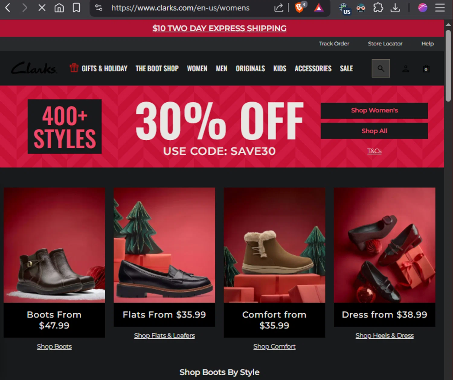 Clark's promo code screenshot showing code SAVE30 applied at Clark's checkout page. Uploaded by SimplyCodes community member SpiderGwen on Dec 19, 2025