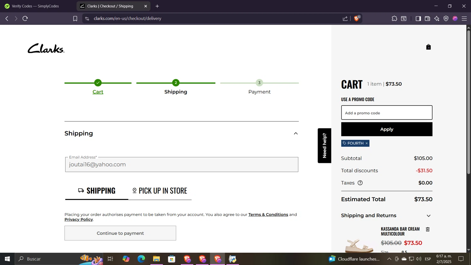 Clark's promo code screenshot showing code FOURTH applied at Clark's checkout page. Uploaded by SimplyCodes community member Despechao on Jul 2, 2025