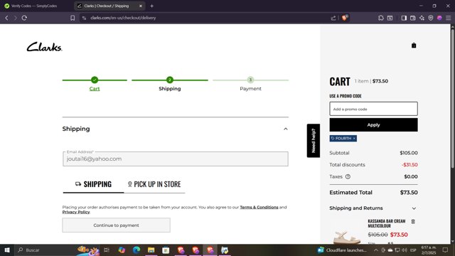 Clark's checkout page showing Clark's promo code box | Screenshot taken by SimplyCodes community member on Jul 2, 2025