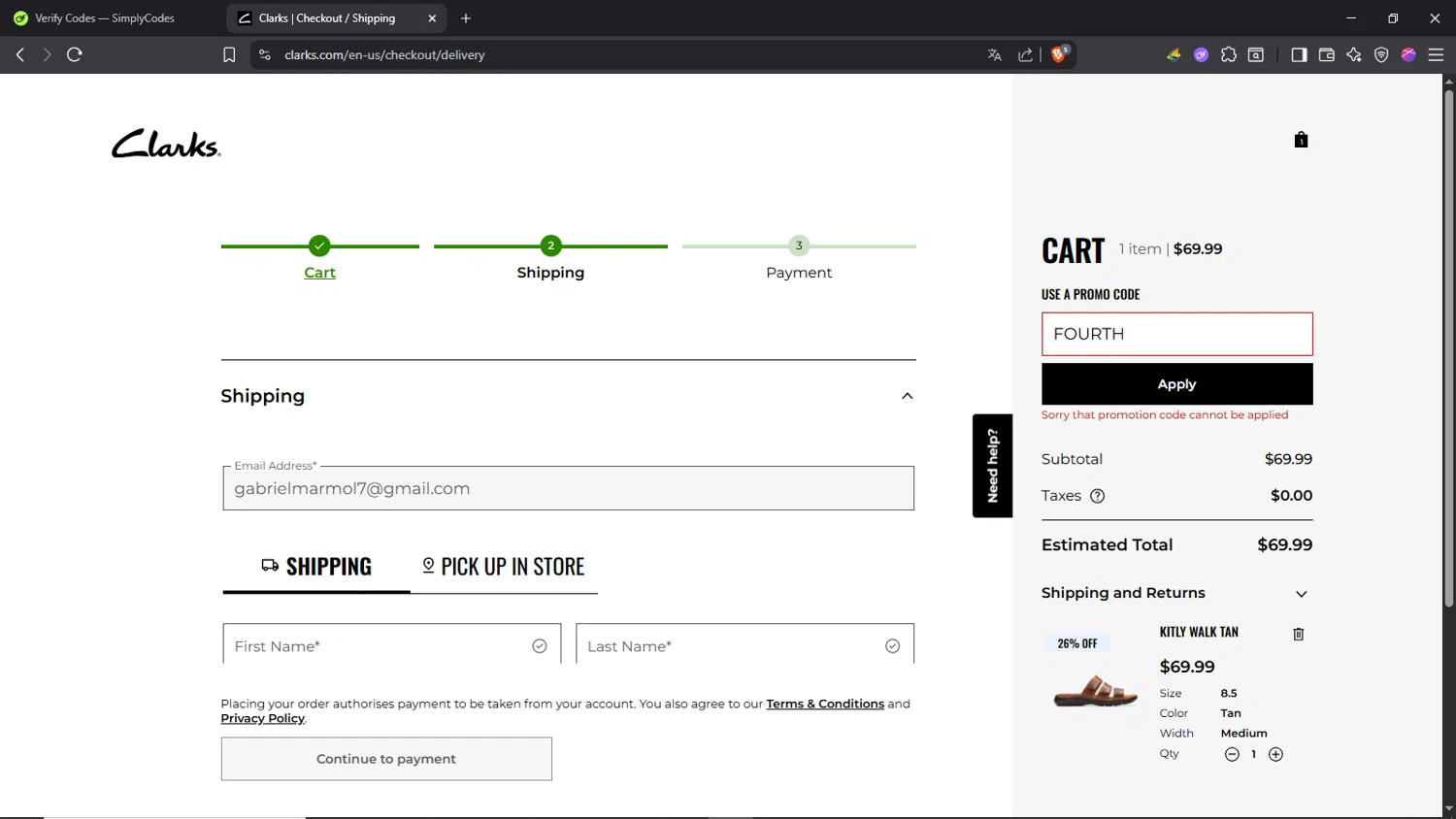 Clark's promo code screenshot showing code FOURTH applied at Clark's checkout page. Uploaded by SimplyCodes community member Morrachida04 on Jul 14, 2025
