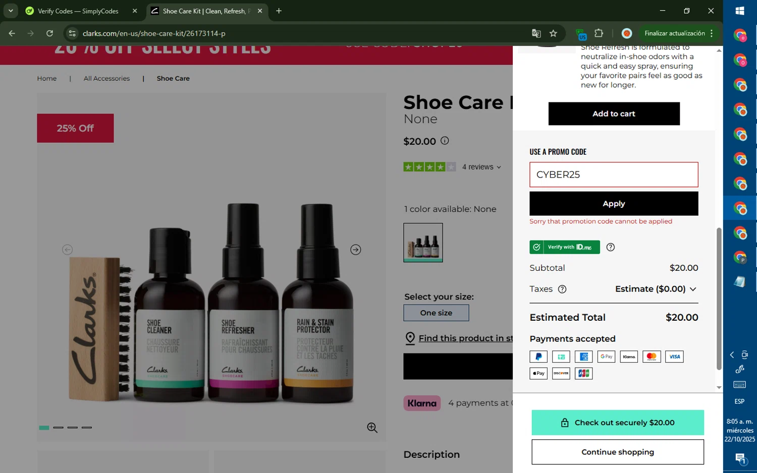 Clark's promo code screenshot showing code CYBER25 applied at Clark's checkout page. Uploaded by SimplyCodes community member DealTiger9869 on Oct 22, 2025