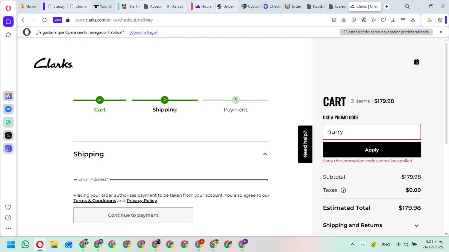 Clark's promo code screenshot showing code hurry applied at Clark's checkout page. Uploaded by SimplyCodes community member DavidMGF on Dec 24, 2025