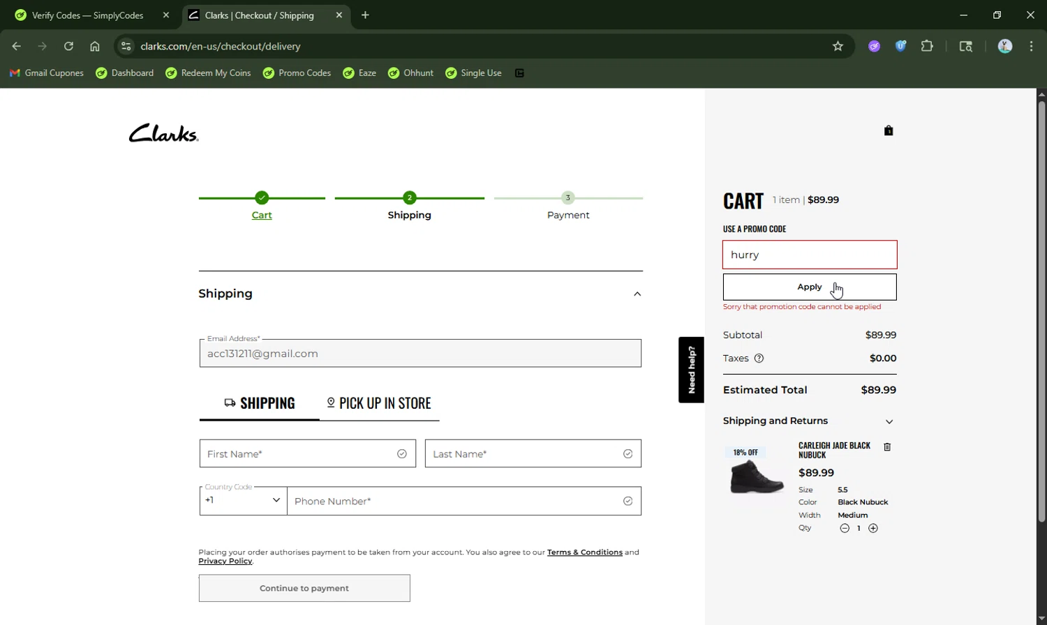 Clark's promo code screenshot showing code hurry applied at Clark's checkout page. Uploaded by SimplyCodes community member LHaunter2 on Dec 24, 2025