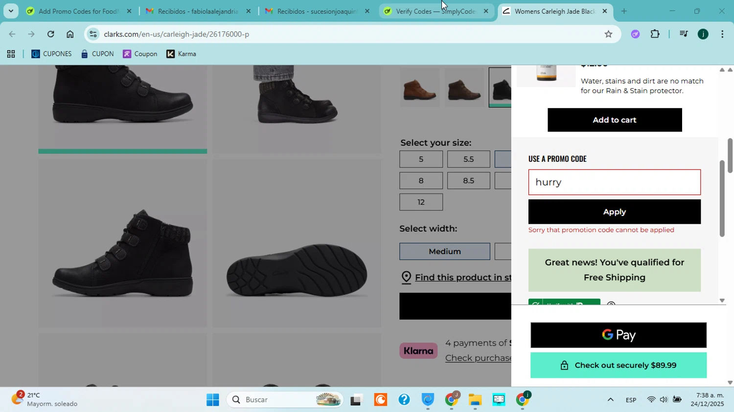Clark's promo code screenshot showing code hurry applied at Clark's checkout page. Uploaded by SimplyCodes community member jorgejavierherrera on Dec 24, 2025