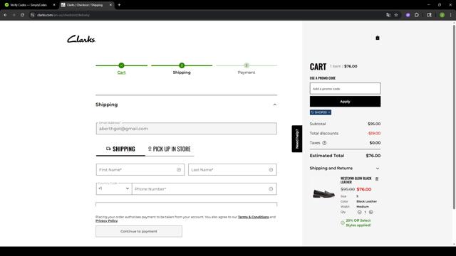 Clark's checkout page showing Clark's promo code box | Screenshot taken by SimplyCodes community member on Oct 2, 2025