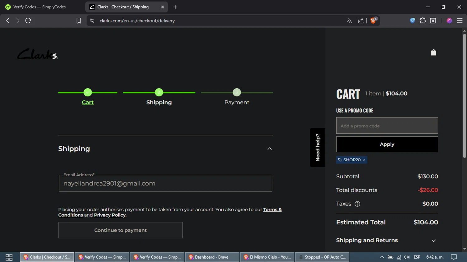 Clark's promo code screenshot showing code SHOP20 applied at Clark's checkout page. Uploaded by SimplyCodes community member Samira on Oct 16, 2025