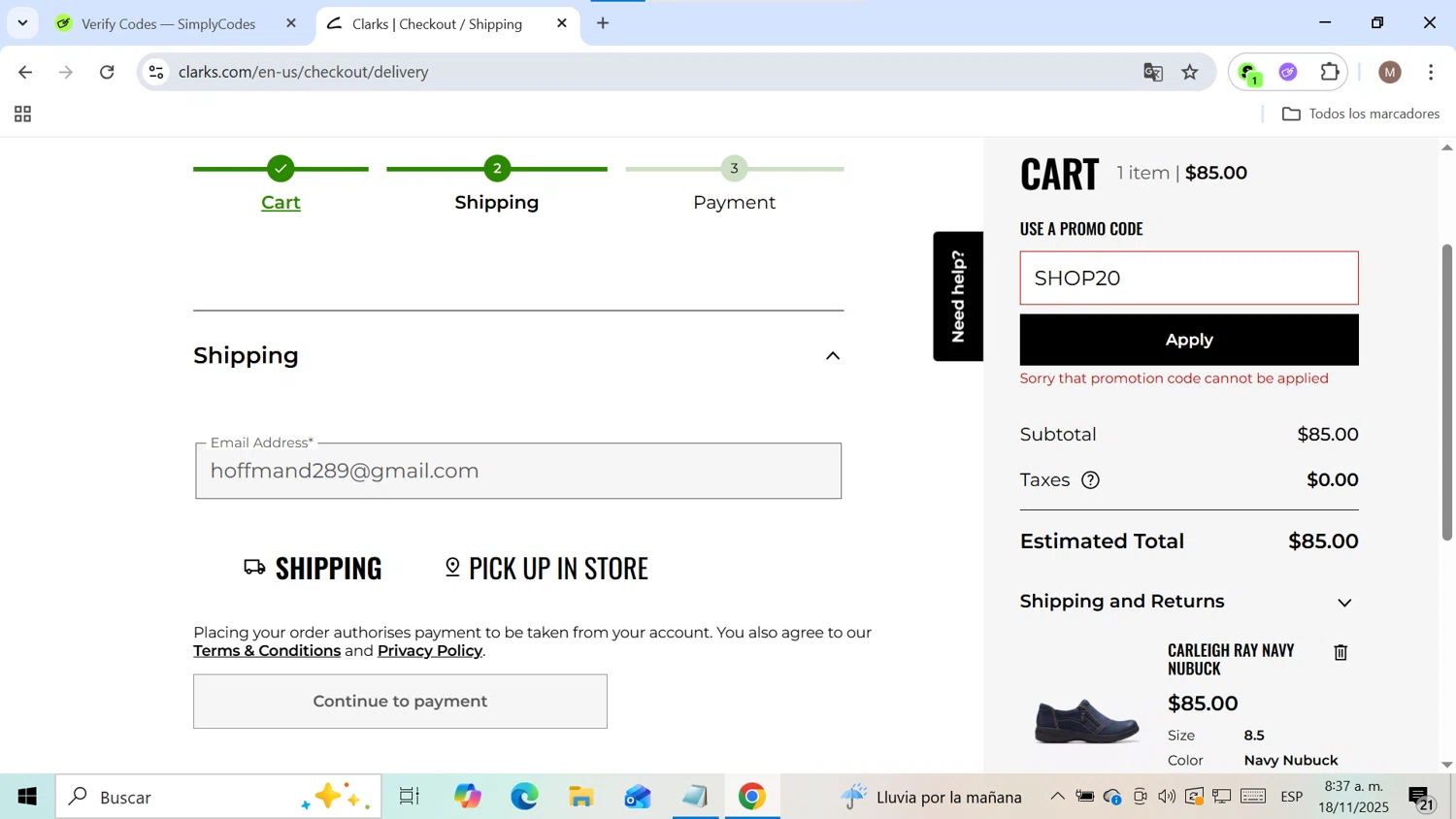 Clark's promo code screenshot showing code SHOP20 applied at Clark's checkout page. Uploaded by SimplyCodes community member lucia23 on Nov 18, 2025