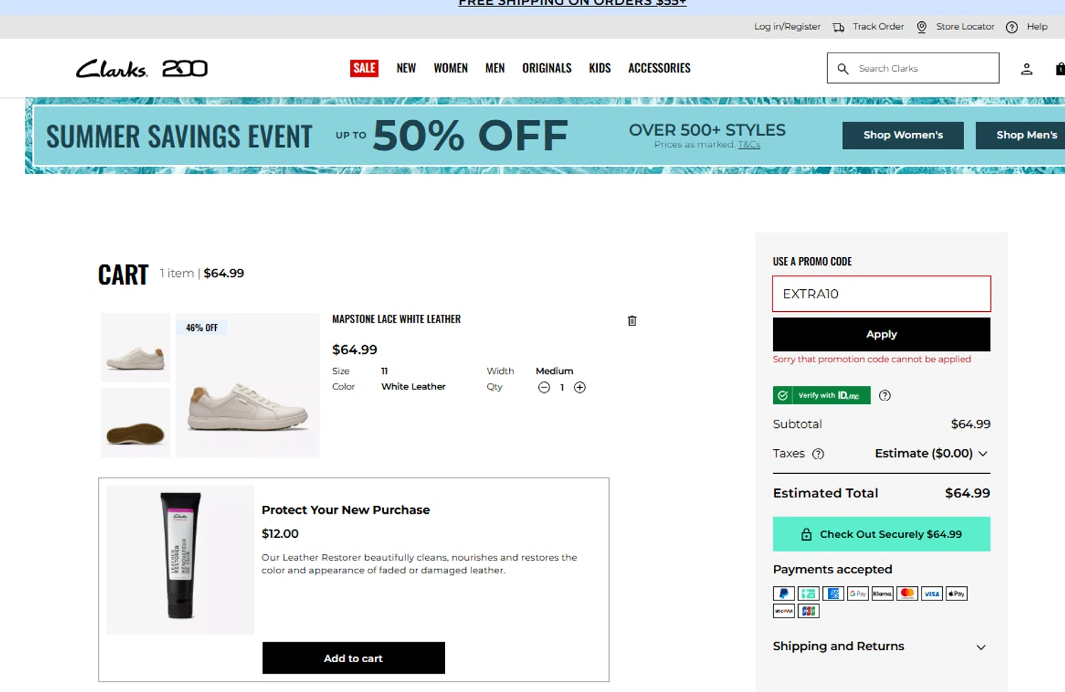 Clark's promo code screenshot showing code EXTRA10 applied at Clark's checkout page. Uploaded by SimplyCodes community member Akatsuki on Jul 17, 2025