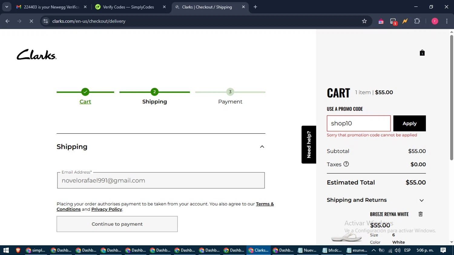 Clark's promo code screenshot showing code shop10 applied at Clark's checkout page. Uploaded by SimplyCodes community member WisePro3739 on Mar 18, 2025