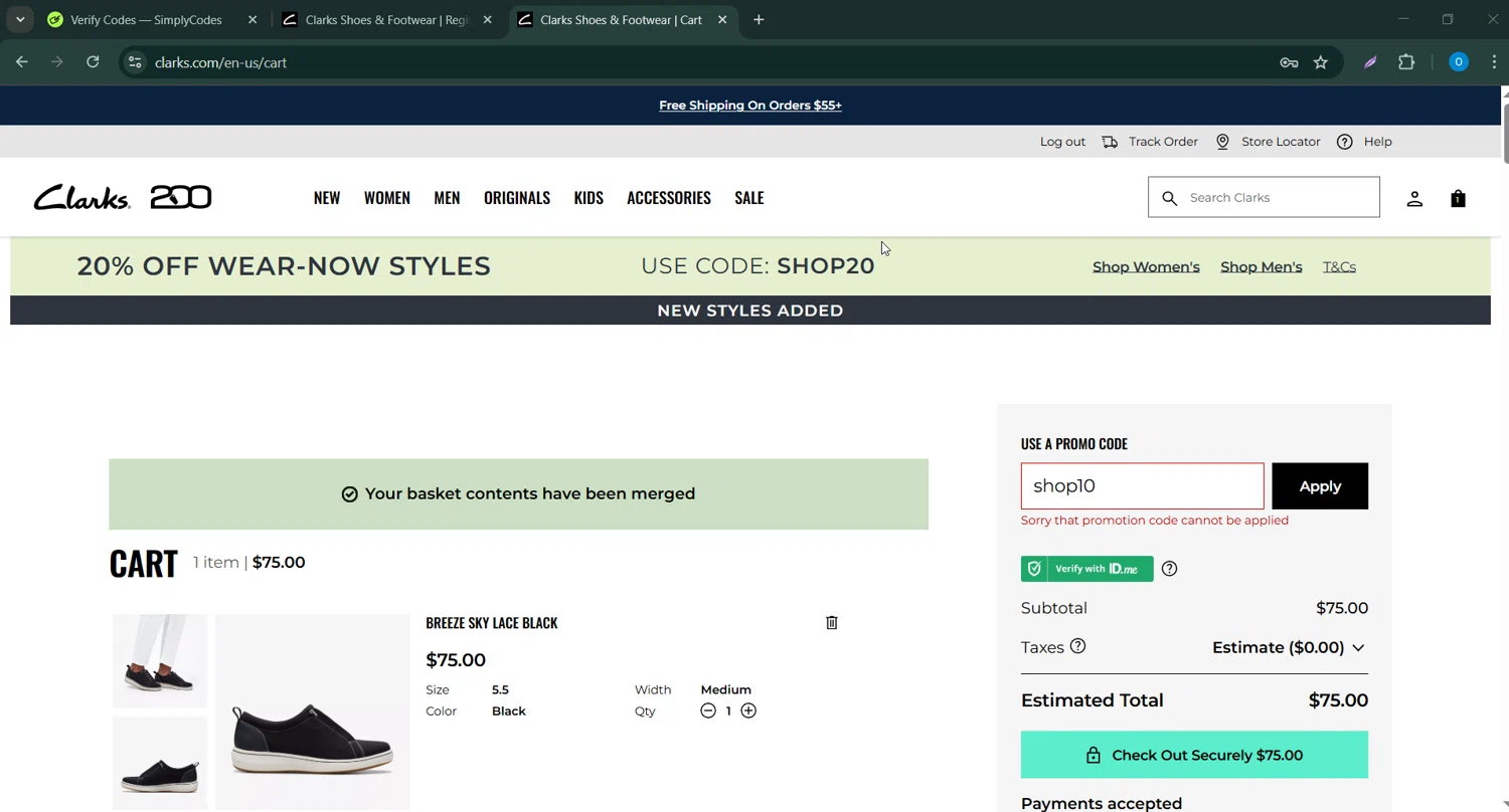 Clark's promo code screenshot showing code shop10 applied at Clark's checkout page. Uploaded by SimplyCodes community member GoldChaser6627 on Mar 18, 2025