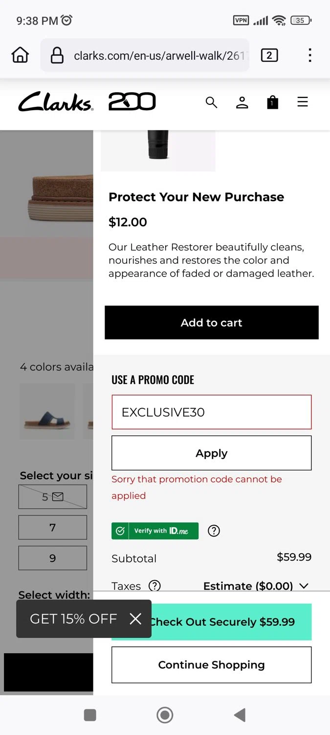 Clark's promo code screenshot showing code EXCLUSIVE30 applied at Clark's checkout page. Uploaded by SimplyCodes community member Phoenix585 on Jul 14, 2025