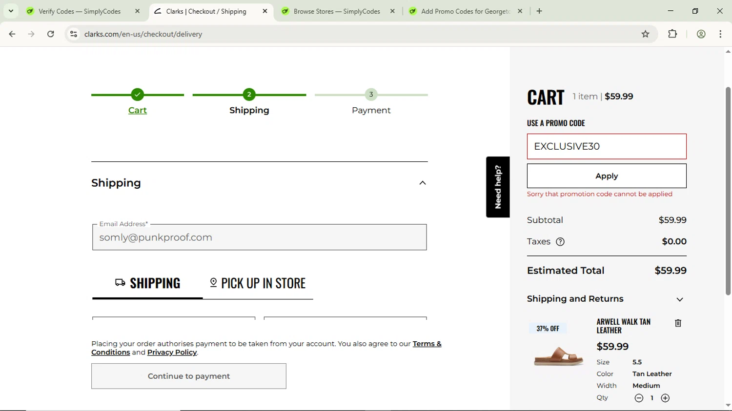 Clark's promo code screenshot showing code EXCLUSIVE30 applied at Clark's checkout page. Uploaded by SimplyCodes community member ScanPhoenix3549 on Jul 14, 2025