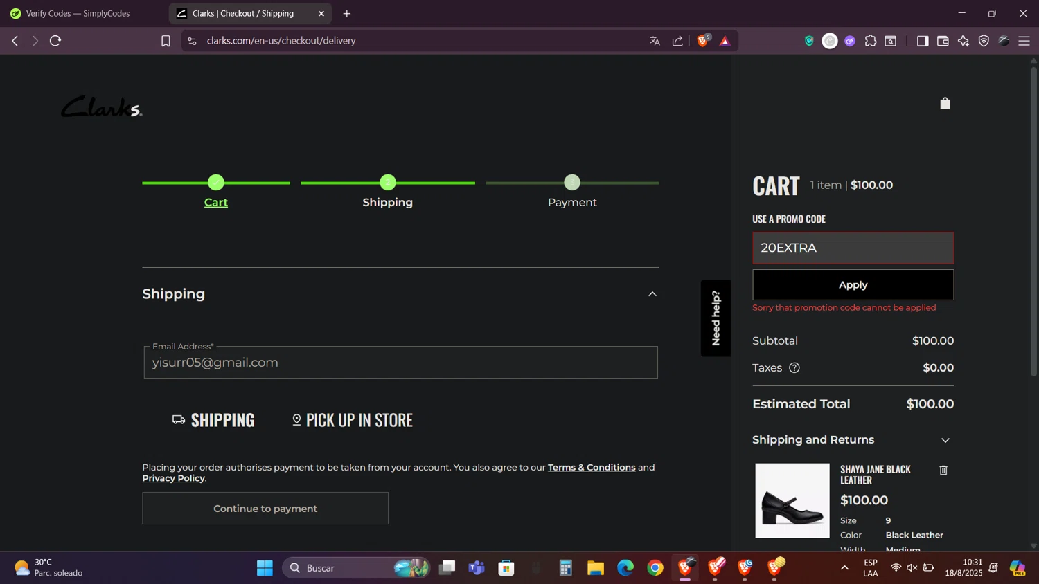 Clark's promo code screenshot showing code 20EXTRA applied at Clark's checkout page. Uploaded by SimplyCodes community member Caraxes on Aug 18, 2025