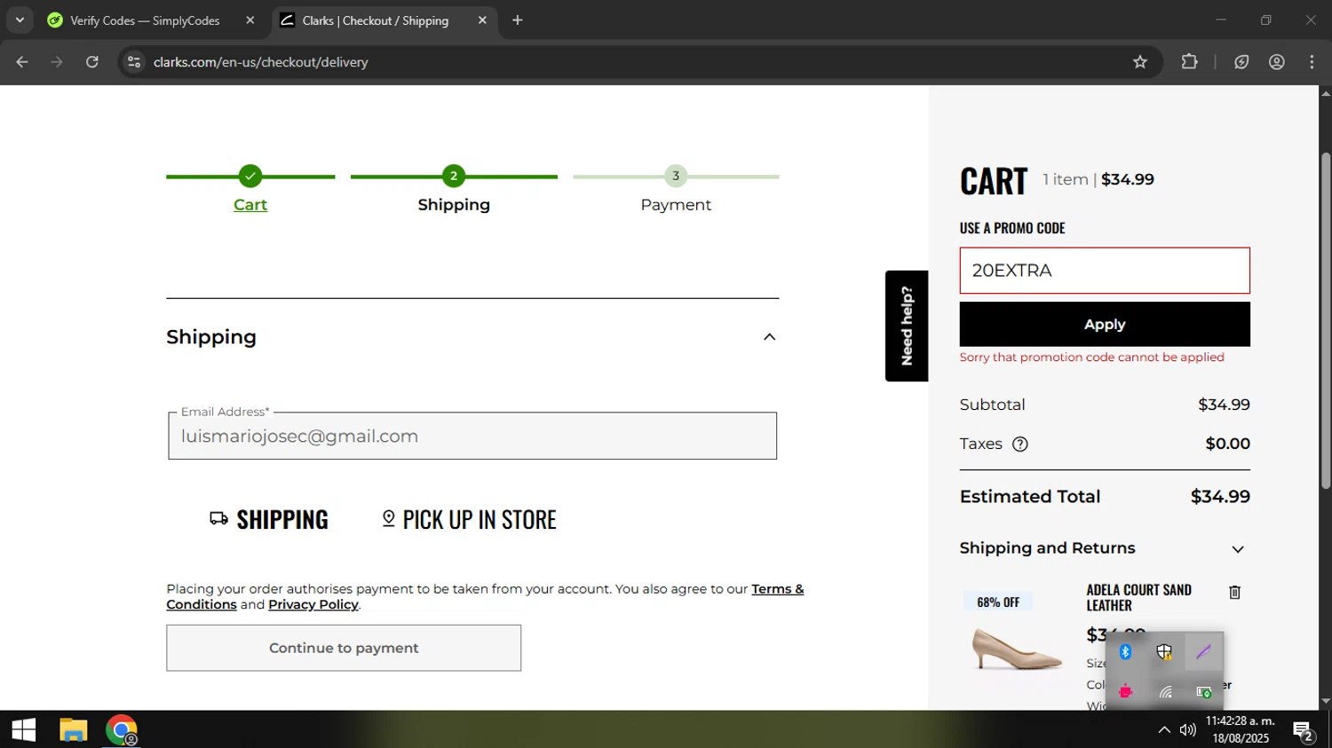 Clark's promo code screenshot showing code 20EXTRA applied at Clark's checkout page. Uploaded by SimplyCodes community member coder_916642691 on Aug 18, 2025