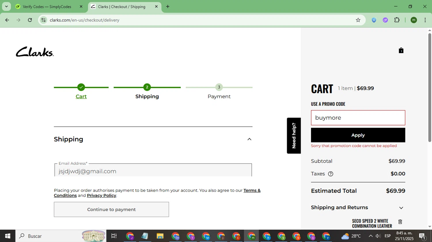 Clark's promo code screenshot showing code buymore applied at Clark's checkout page. Uploaded by SimplyCodes community member CoinSage7057 on Nov 25, 2025