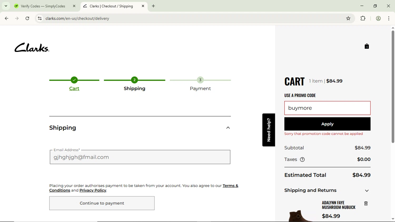 Clark's promo code screenshot showing code buymore applied at Clark's checkout page. Uploaded by SimplyCodes community member ScanPhoenix3549 on Nov 25, 2025