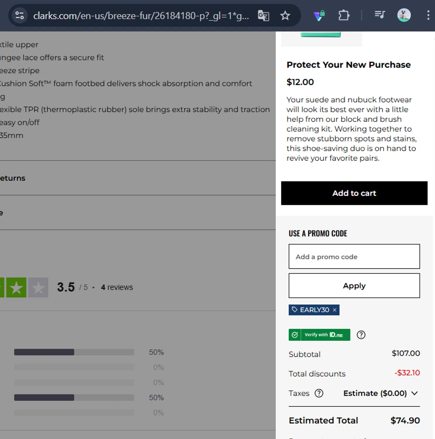 Clark's checkout page showing Clark's promo code box | Screenshot taken by SimplyCodes community member on Nov 13, 2025