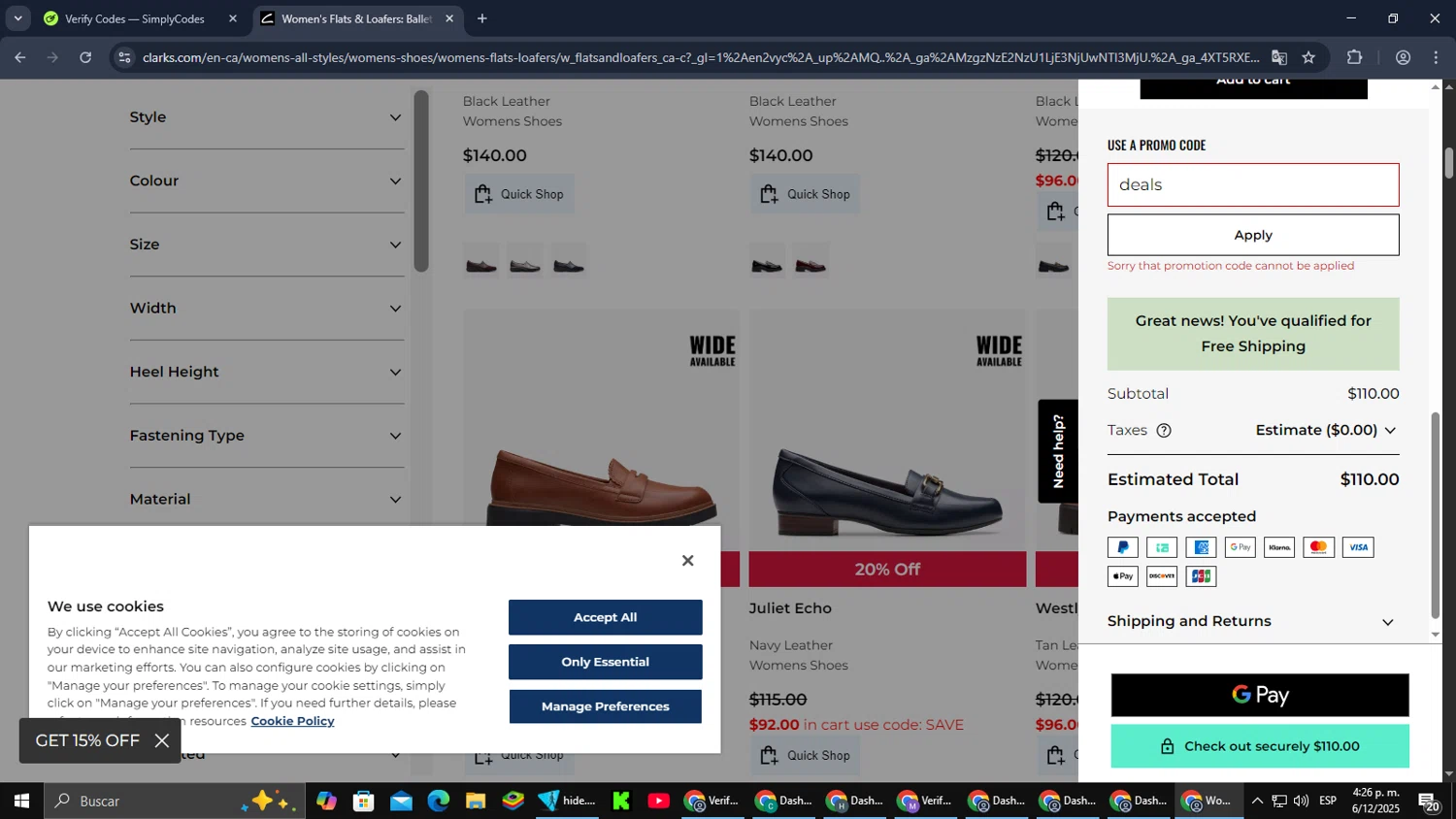 Clark's promo code screenshot showing code deals applied at Clark's checkout page. Uploaded by SimplyCodes community member Cynoxx on Dec 6, 2025