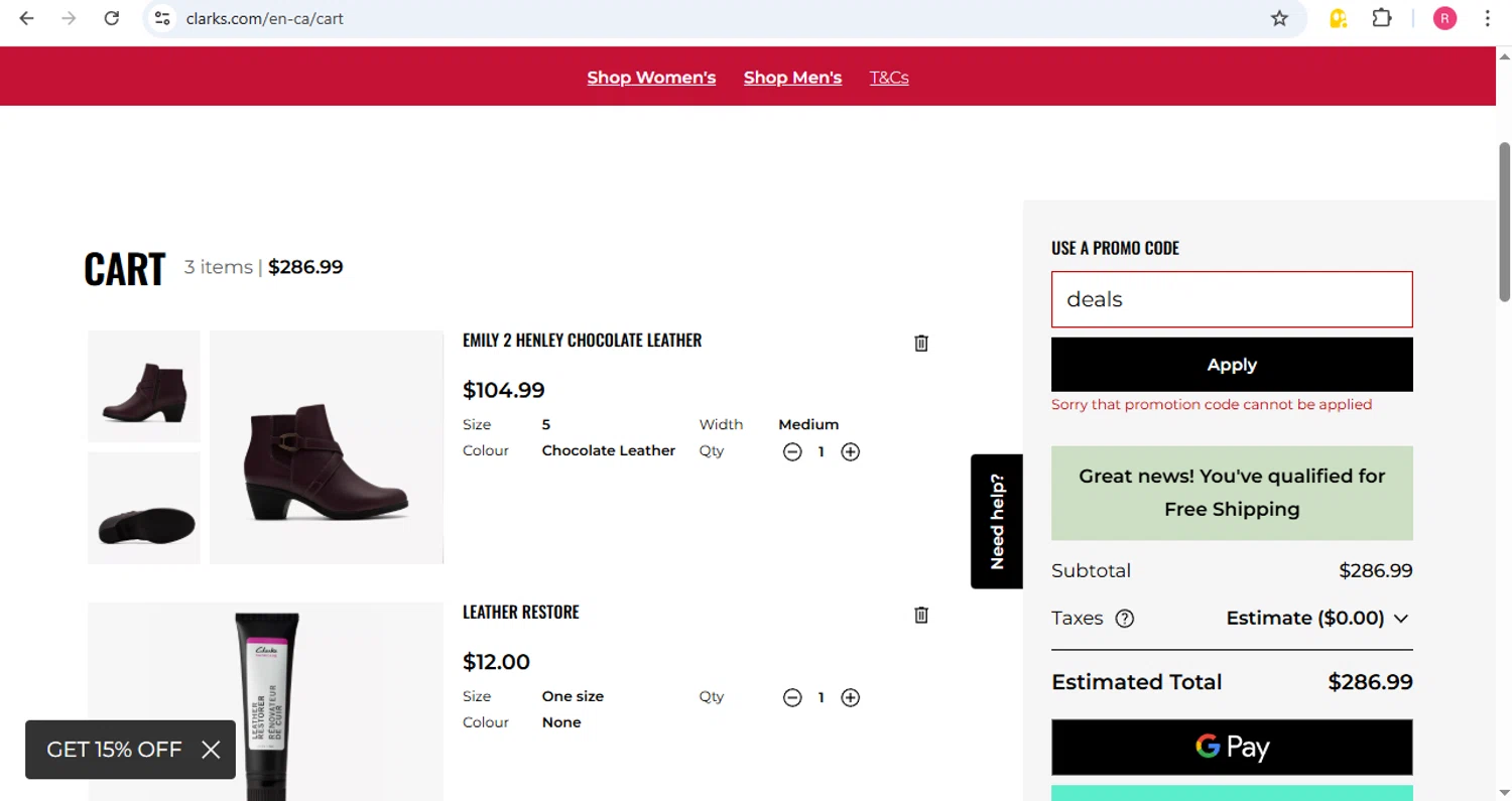 Clark's promo code screenshot showing code deals applied at Clark's checkout page. Uploaded by SimplyCodes community member Milaya on Dec 6, 2025