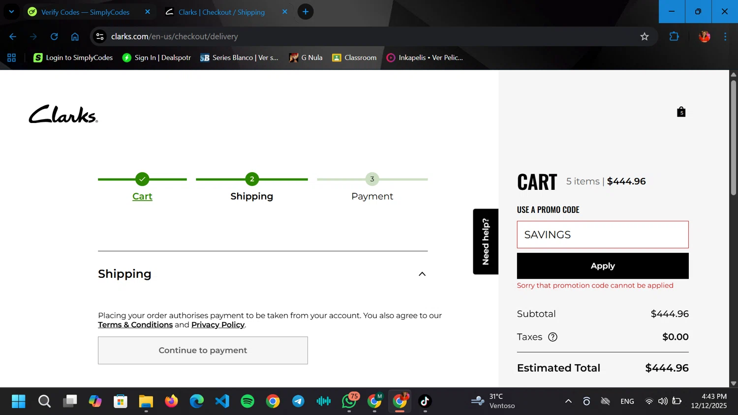 Clark's promo code screenshot showing code SAVINGS applied at Clark's checkout page. Uploaded by SimplyCodes community member ELGOAT on Dec 12, 2025