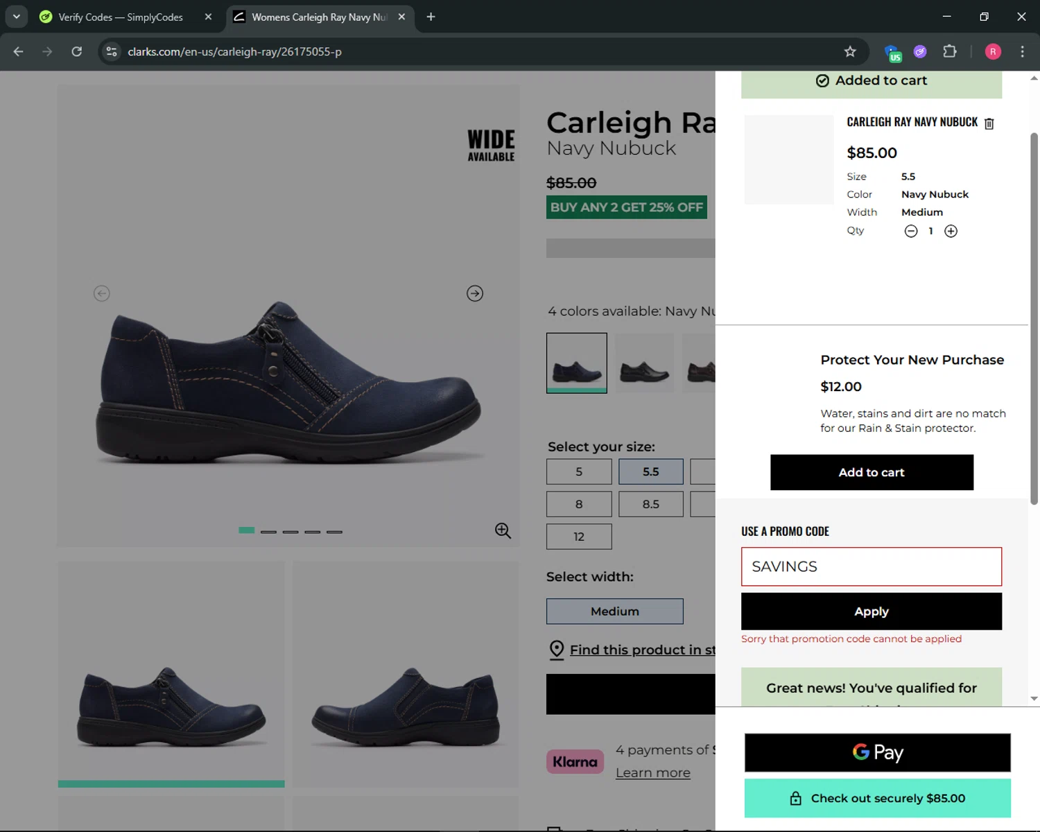 Clark's promo code screenshot showing code SAVINGS applied at Clark's checkout page. Uploaded by SimplyCodes community member ThriftyGuardian8485 on Dec 12, 2025
