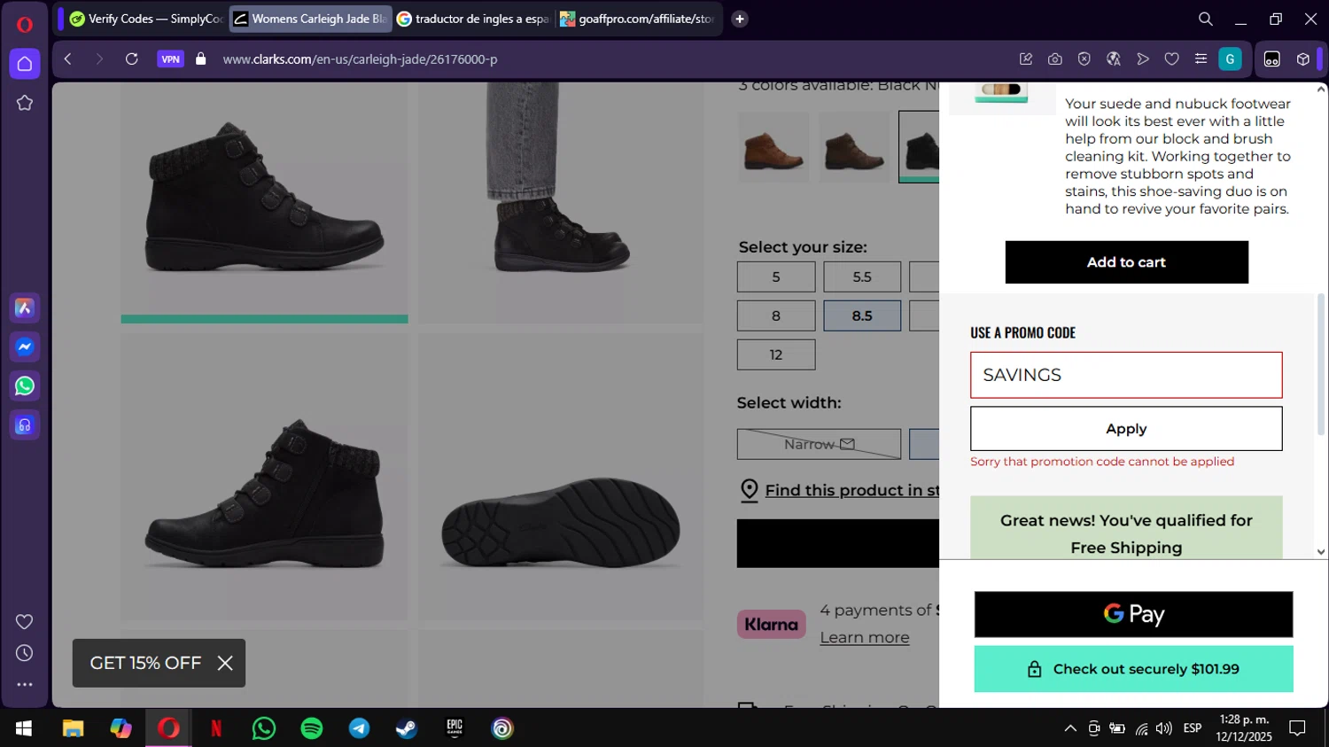Clark's promo code screenshot showing code SAVINGS applied at Clark's checkout page. Uploaded by SimplyCodes community member ValiantWarden3907 on Dec 12, 2025