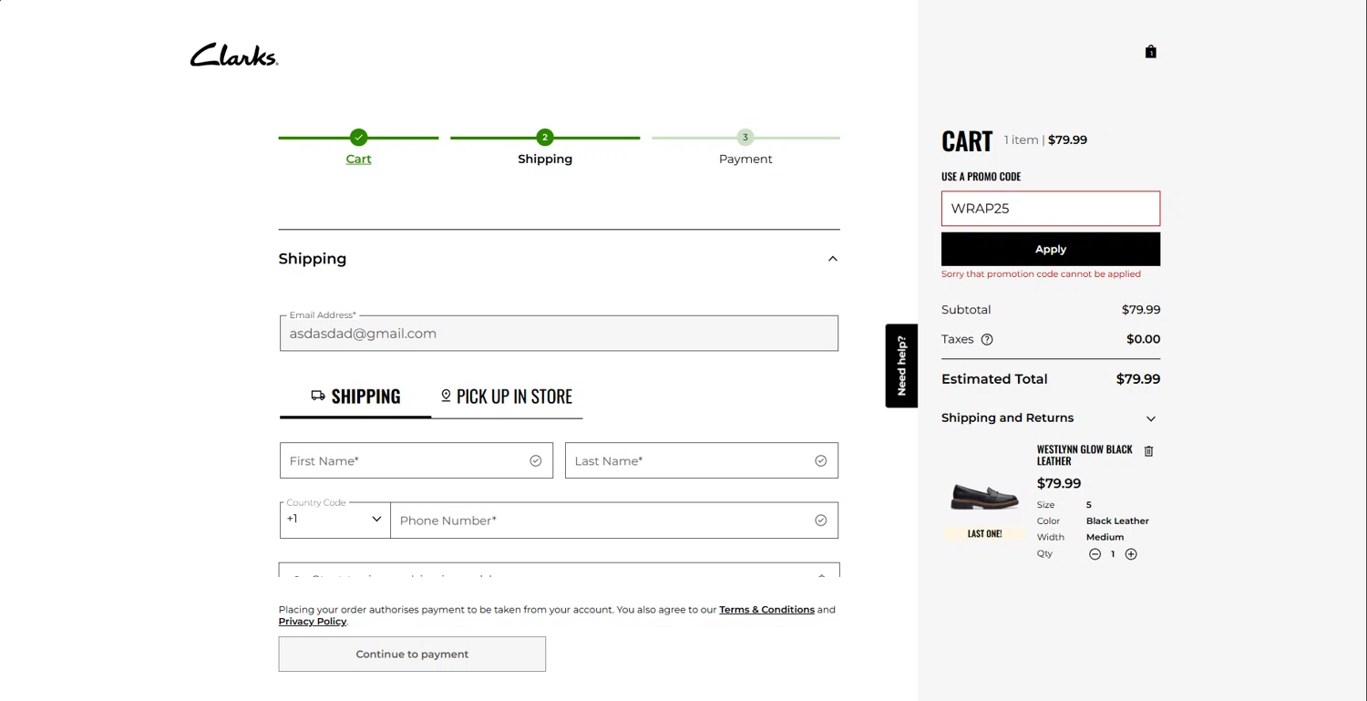 Clark's promo code screenshot showing code WRAP25 applied at Clark's checkout page. Uploaded by SimplyCodes community member holasfosi on Dec 20, 2025