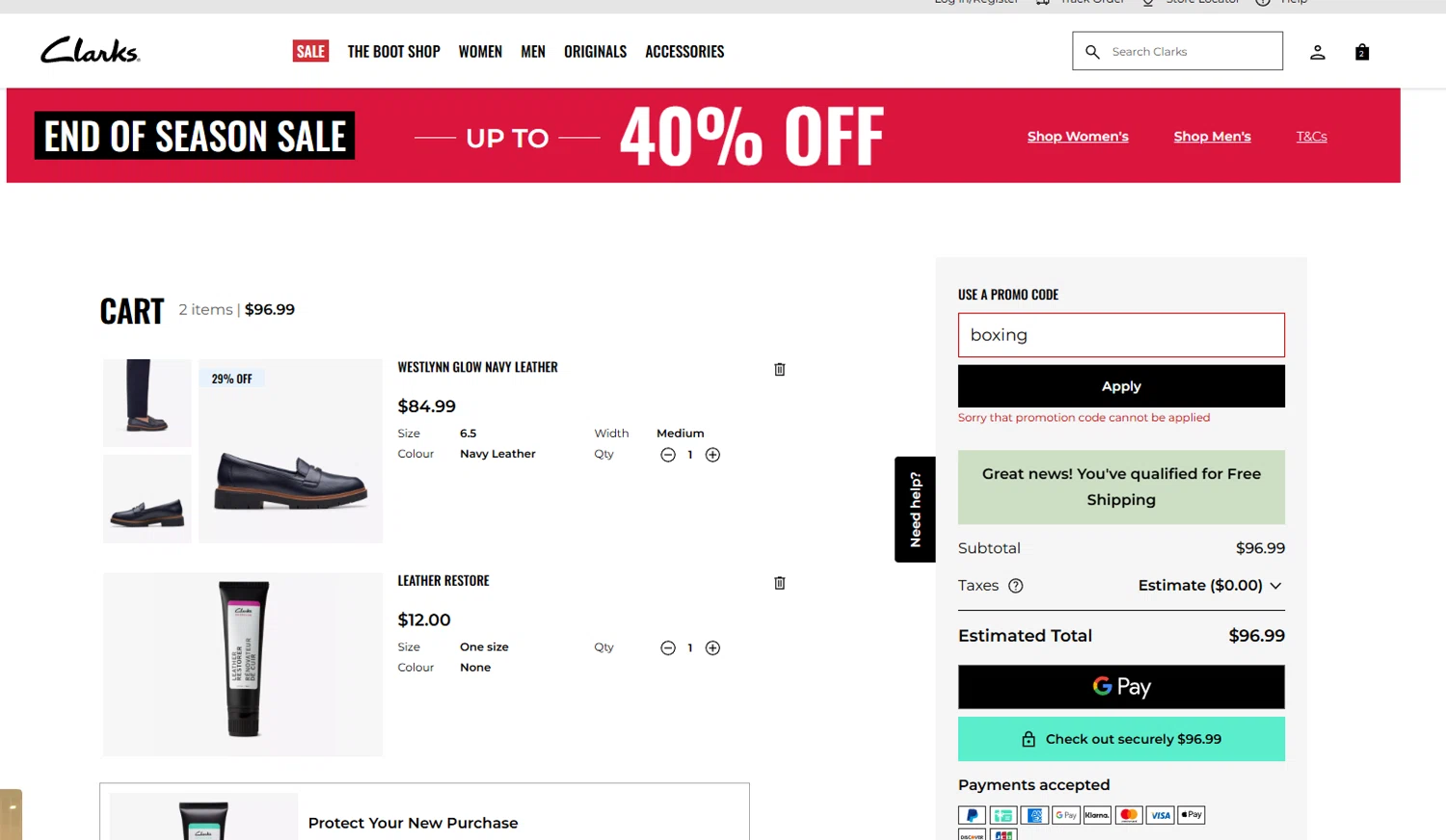 Clark's promo code screenshot showing code boxing applied at Clark's checkout page. Uploaded by SimplyCodes community member Billyyou on Jan 3, 2026