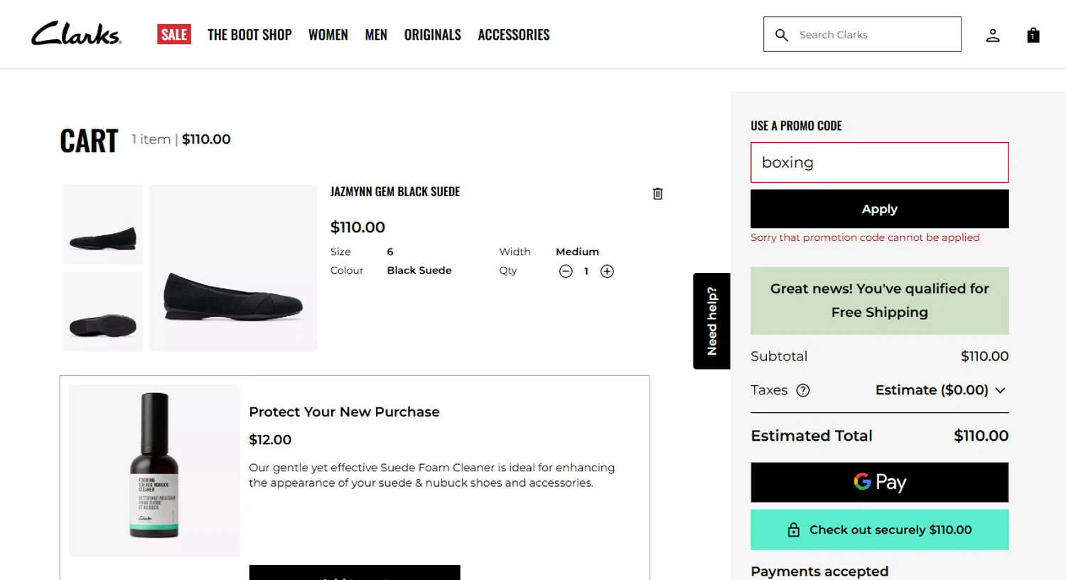 Clark's promo code screenshot showing code boxing applied at Clark's checkout page. Uploaded by SimplyCodes community member Eliaslpz on Jan 3, 2026