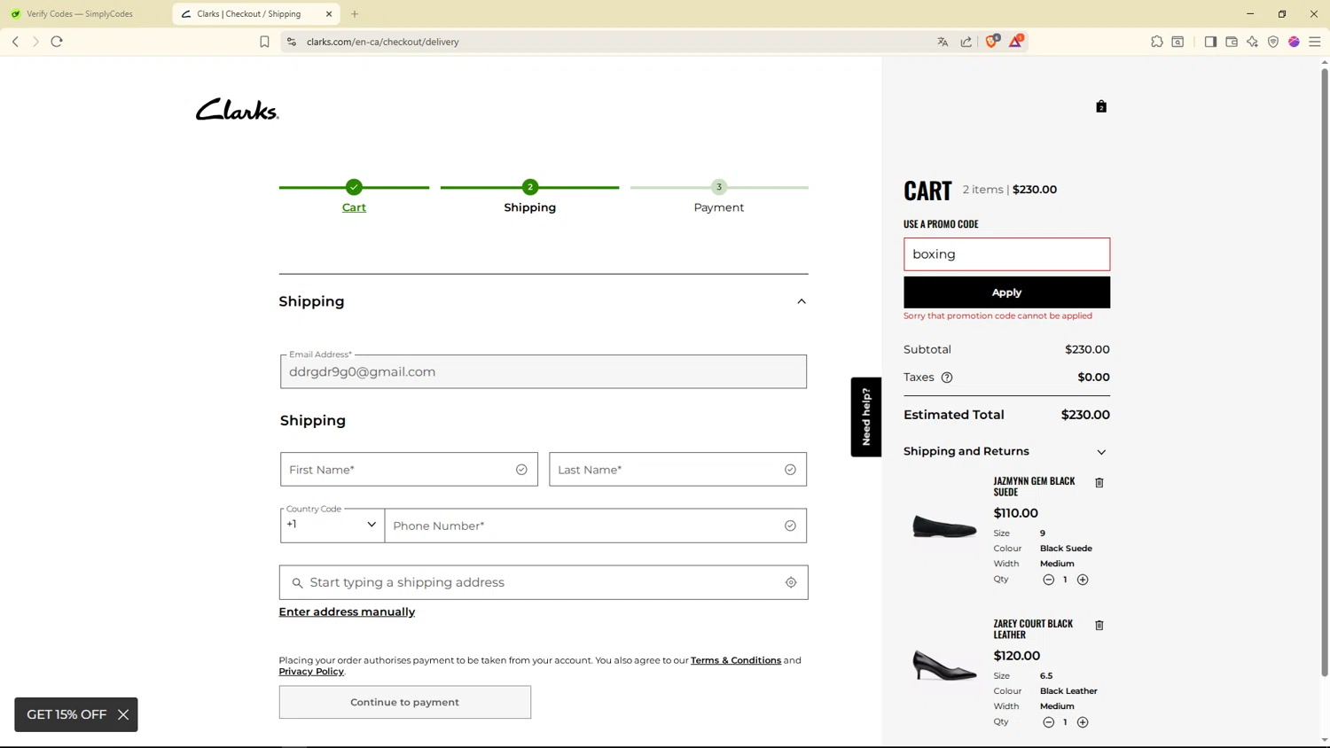 Clark's promo code screenshot showing code boxing applied at Clark's checkout page. Uploaded by SimplyCodes community member Livingston on Jan 3, 2026