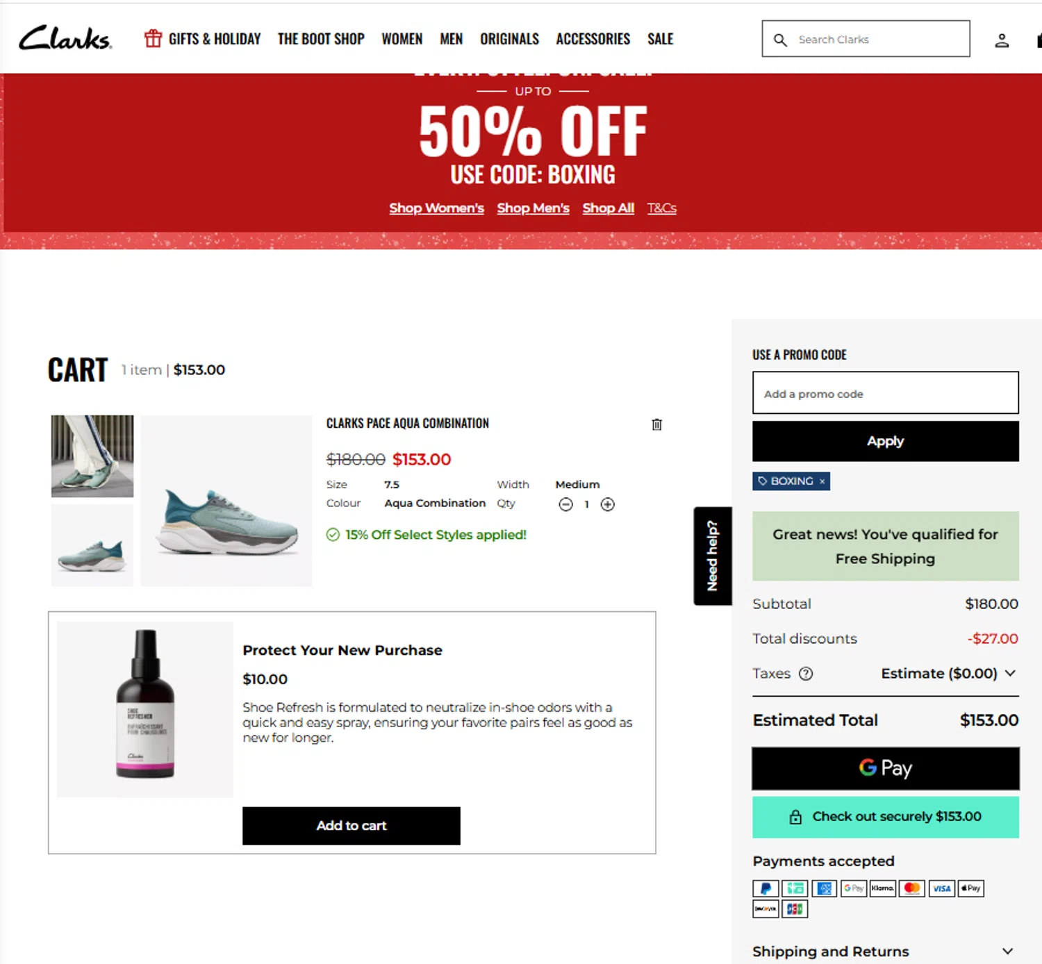 Clark's promo code screenshot showing code boxing applied at Clark's checkout page. Uploaded by SimplyCodes community member reggiesmith on Dec 24, 2025