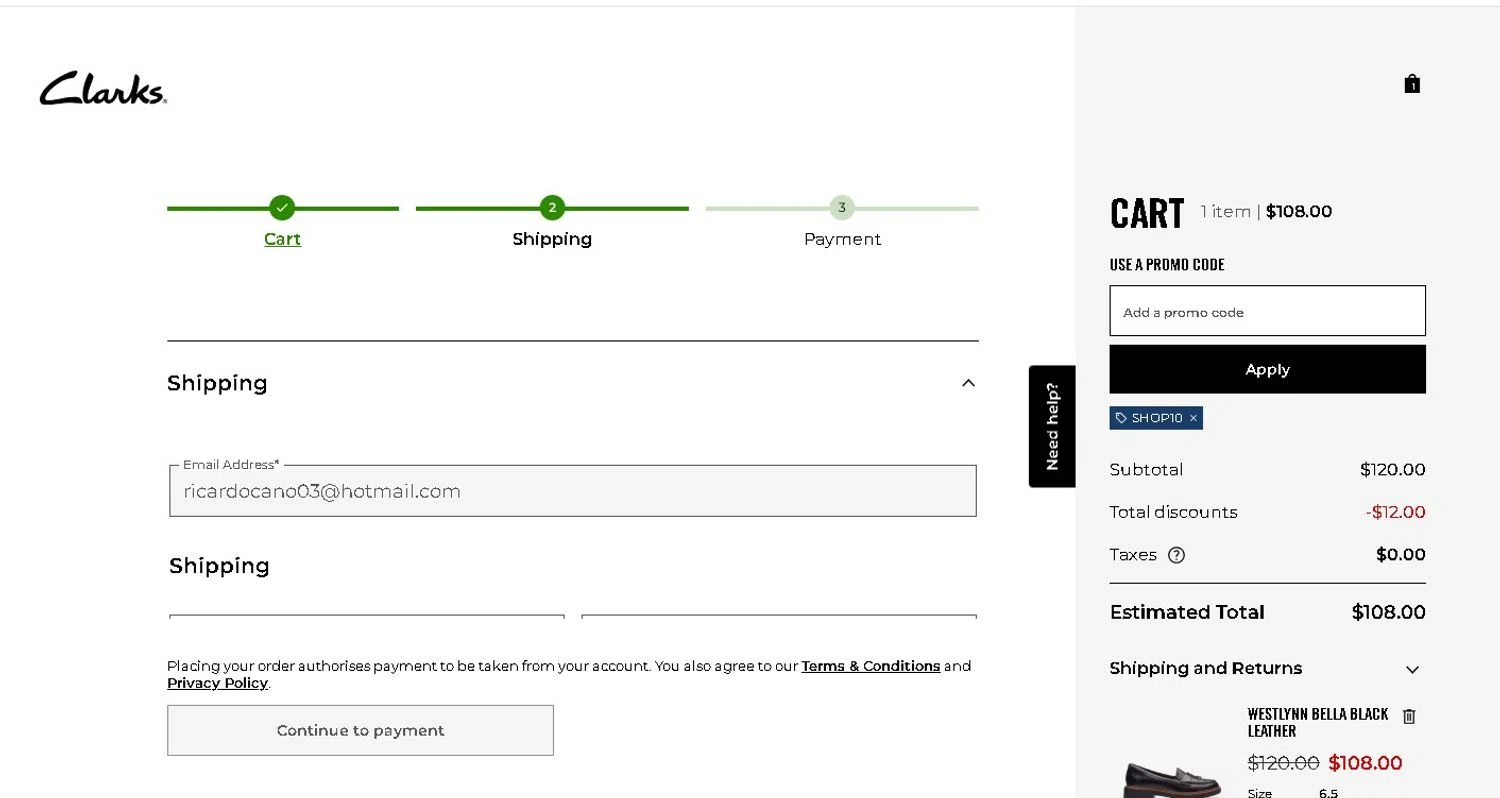 Clark's promo code screenshot showing code SHOP10 applied at Clark's checkout page. Uploaded by SimplyCodes community member LAMINEJAMAL on Feb 24, 2026