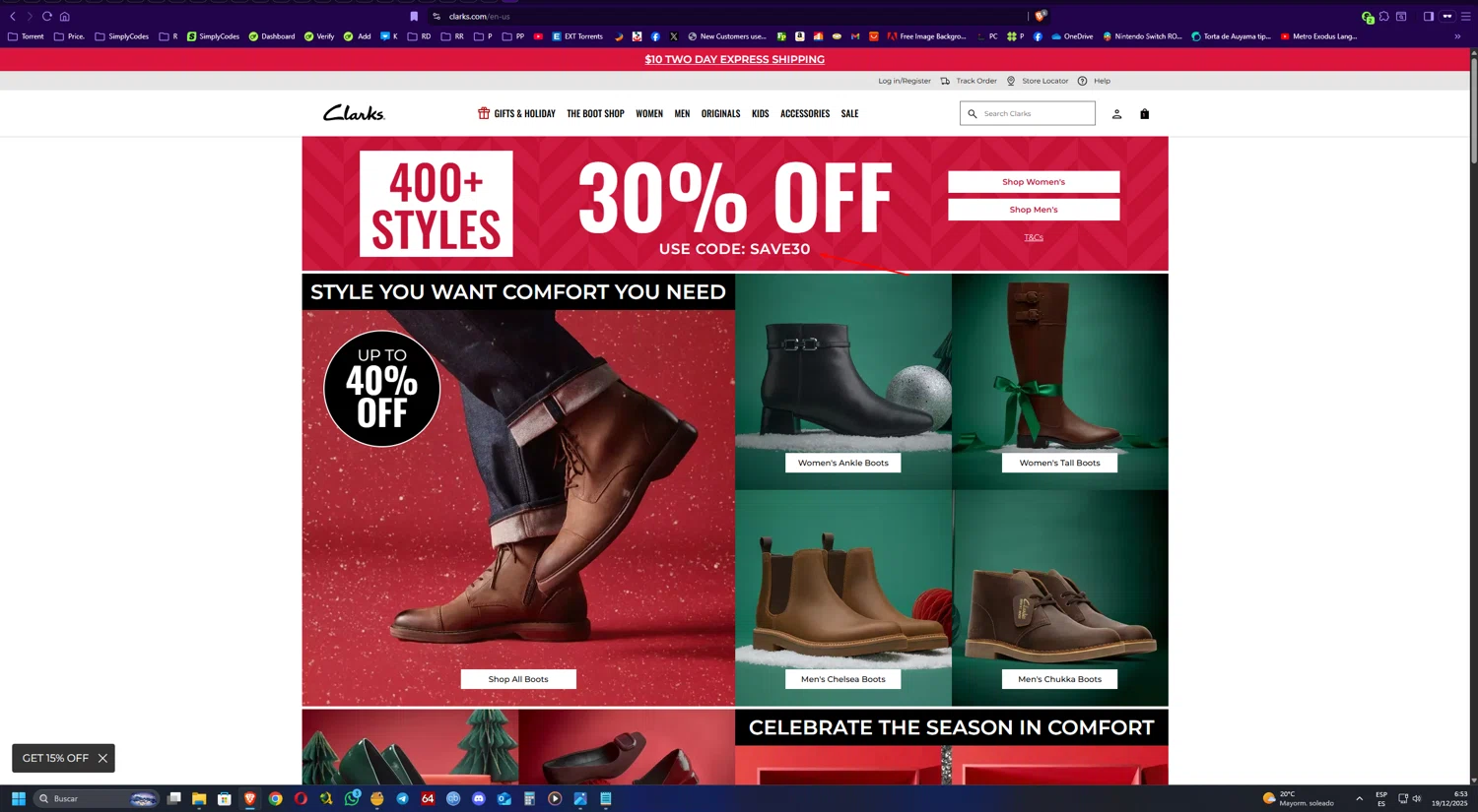 Clark's promo code screenshot showing code SAVE30 applied at Clark's checkout page. Uploaded by SimplyCodes community member UnkNownVnzla on Dec 19, 2025