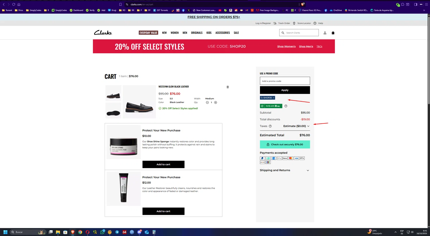 Clark's promo code screenshot showing code SHOP20 applied at Clark's checkout page. Uploaded by SimplyCodes community member UnkNownVnzla on Oct 16, 2025