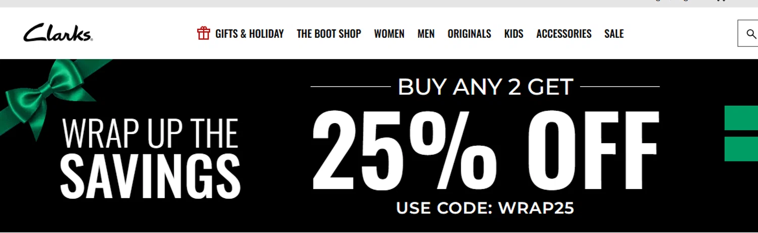 Clark's promo code screenshot showing code WRAP25 applied at Clark's checkout page. Uploaded by SimplyCodes community member valeriaantonieta on Dec 11, 2025