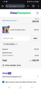 Welcome45 coupon verification screenshot