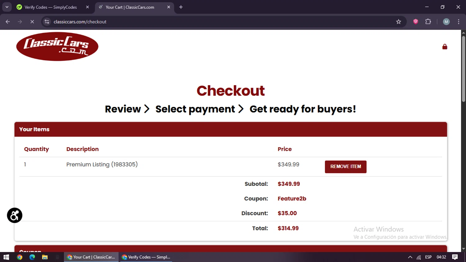 ClassicCars.com promo code screenshot showing code FEATURE2B applied at ClassicCars.com checkout page. Uploaded by SimplyCodes community member maraxo on Aug 14, 2025