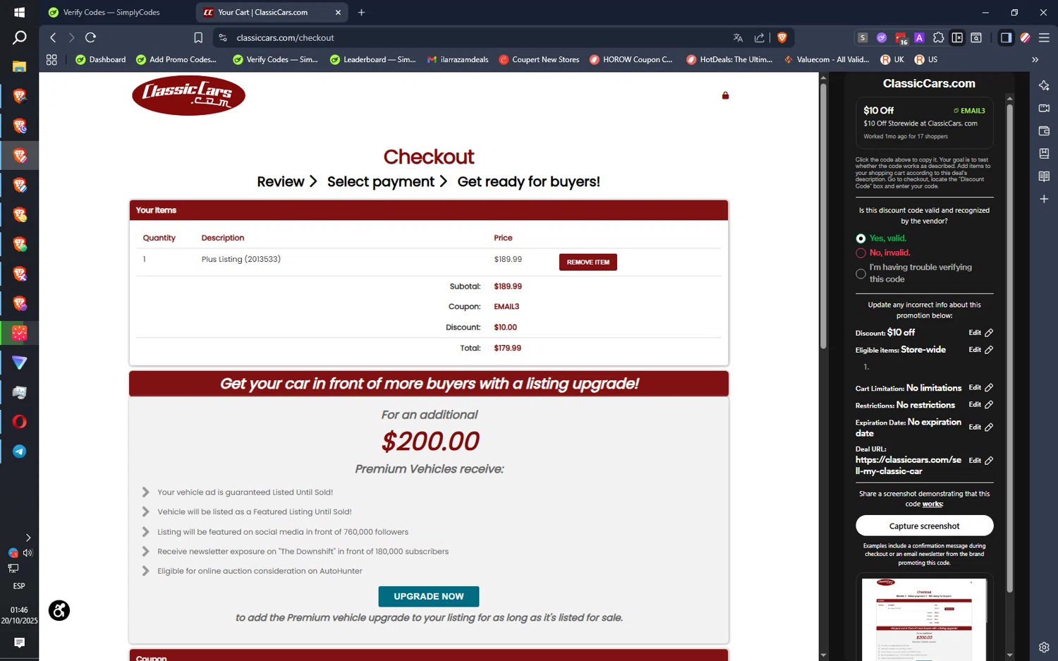 ClassicCars.com promo code screenshot showing code EMAIL3 applied at ClassicCars.com checkout page. Uploaded by SimplyCodes community member ilarrazaM3 on Oct 20, 2025