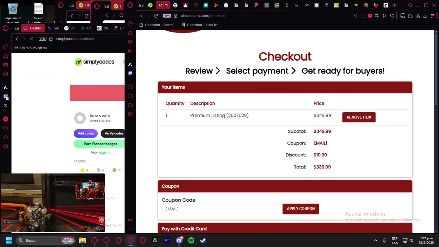 ClassicCars.com promo code screenshot showing code EMAIL1 applied at ClassicCars.com checkout page. Uploaded by SimplyCodes community member Halanweik on Sep 29, 2025
