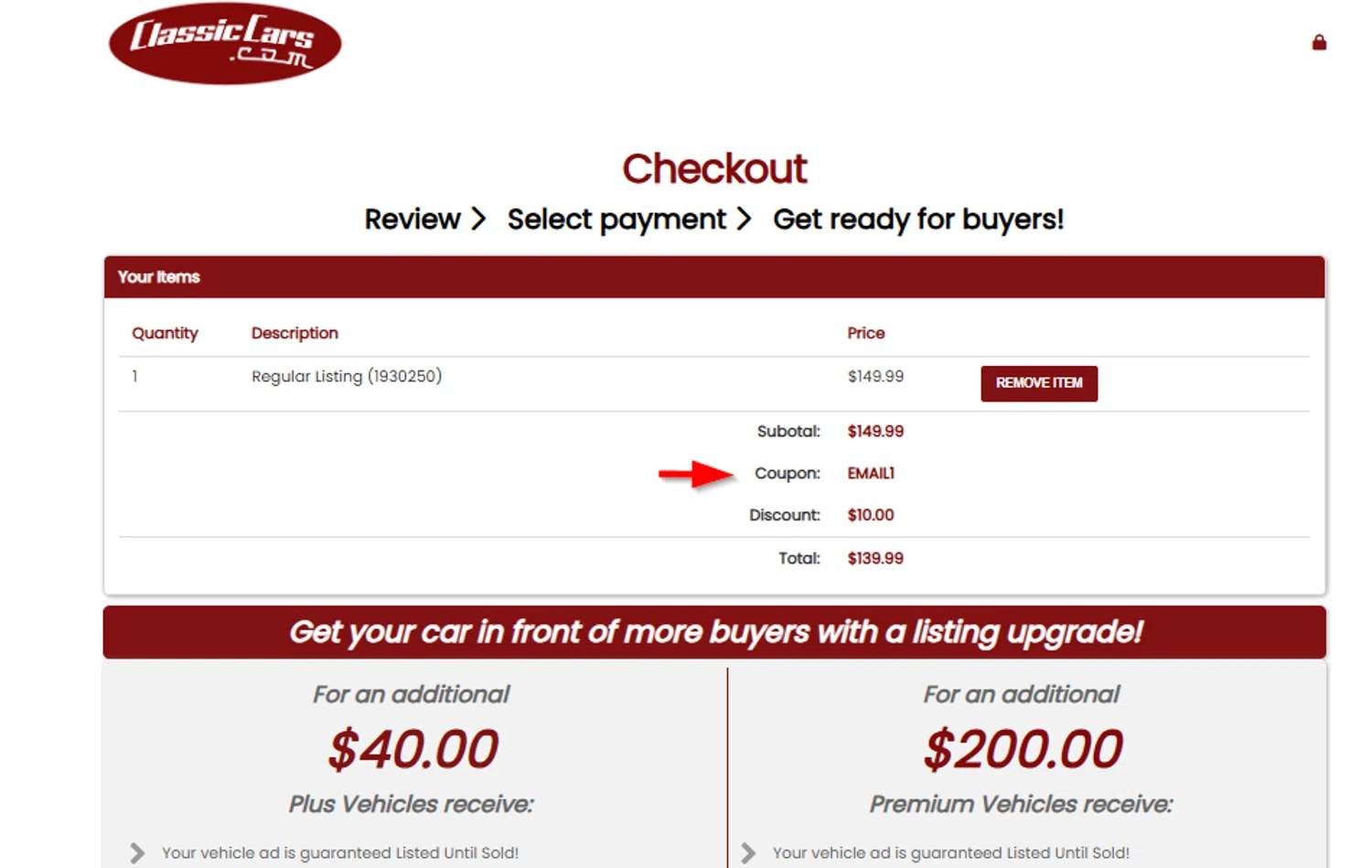 ClassicCars.com promo code screenshot showing code EMAIL1 applied at ClassicCars.com checkout page. Uploaded by SimplyCodes community member SimplyCVerlie on Feb 27, 2025