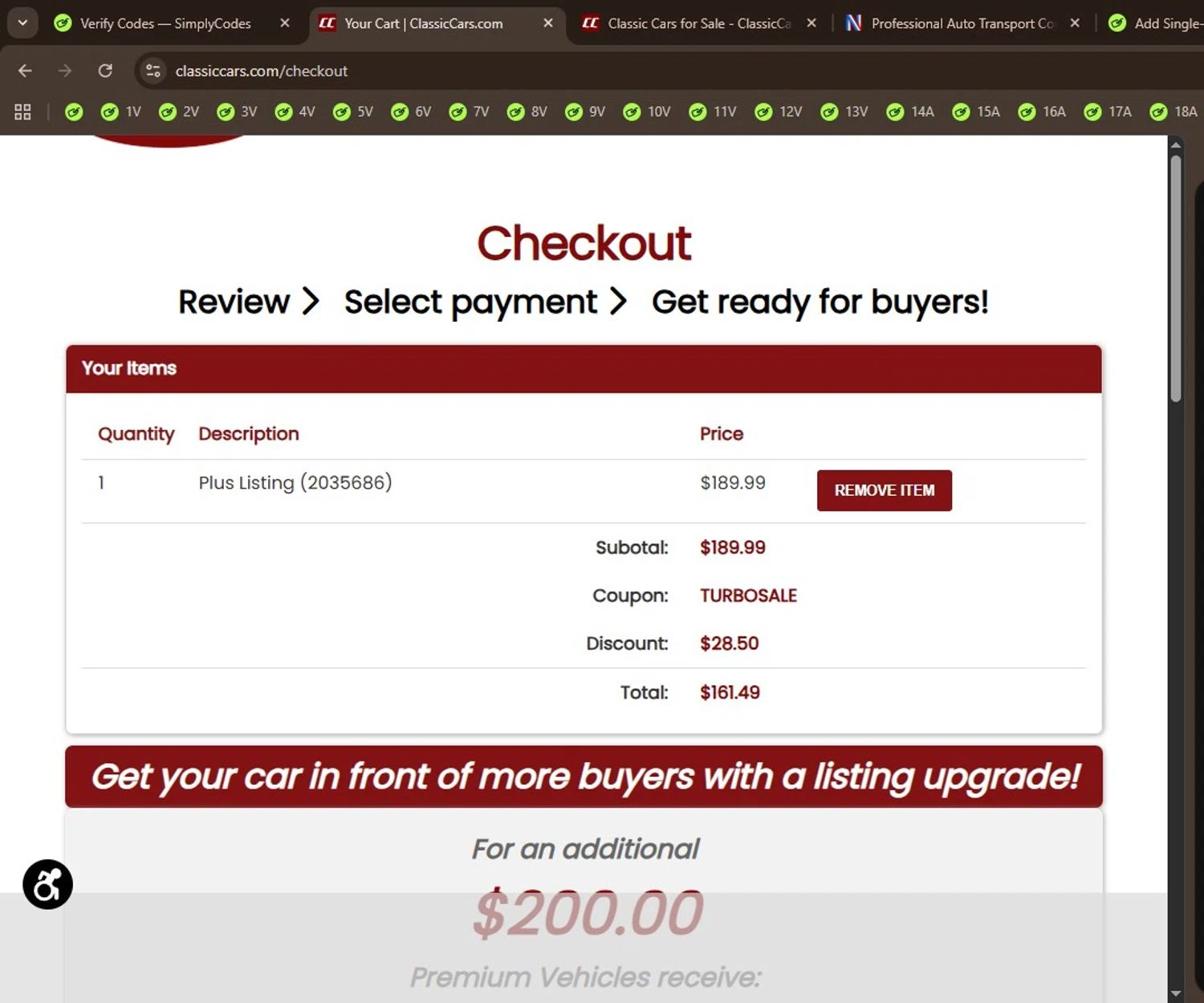 ClassicCars.com checkout page showing ClassicCars.com promo code box | Screenshot taken by SimplyCodes community member on Jan 3, 2026