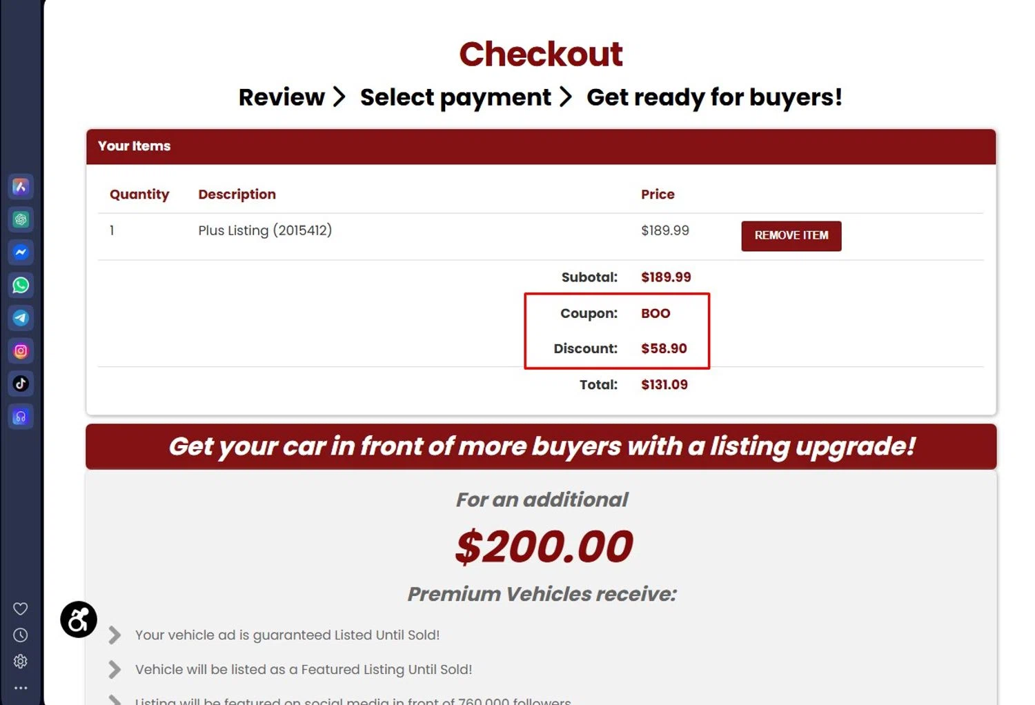 ClassicCars.com checkout page showing ClassicCars.com promo code box | Screenshot taken by SimplyCodes community member on Oct 27, 2025