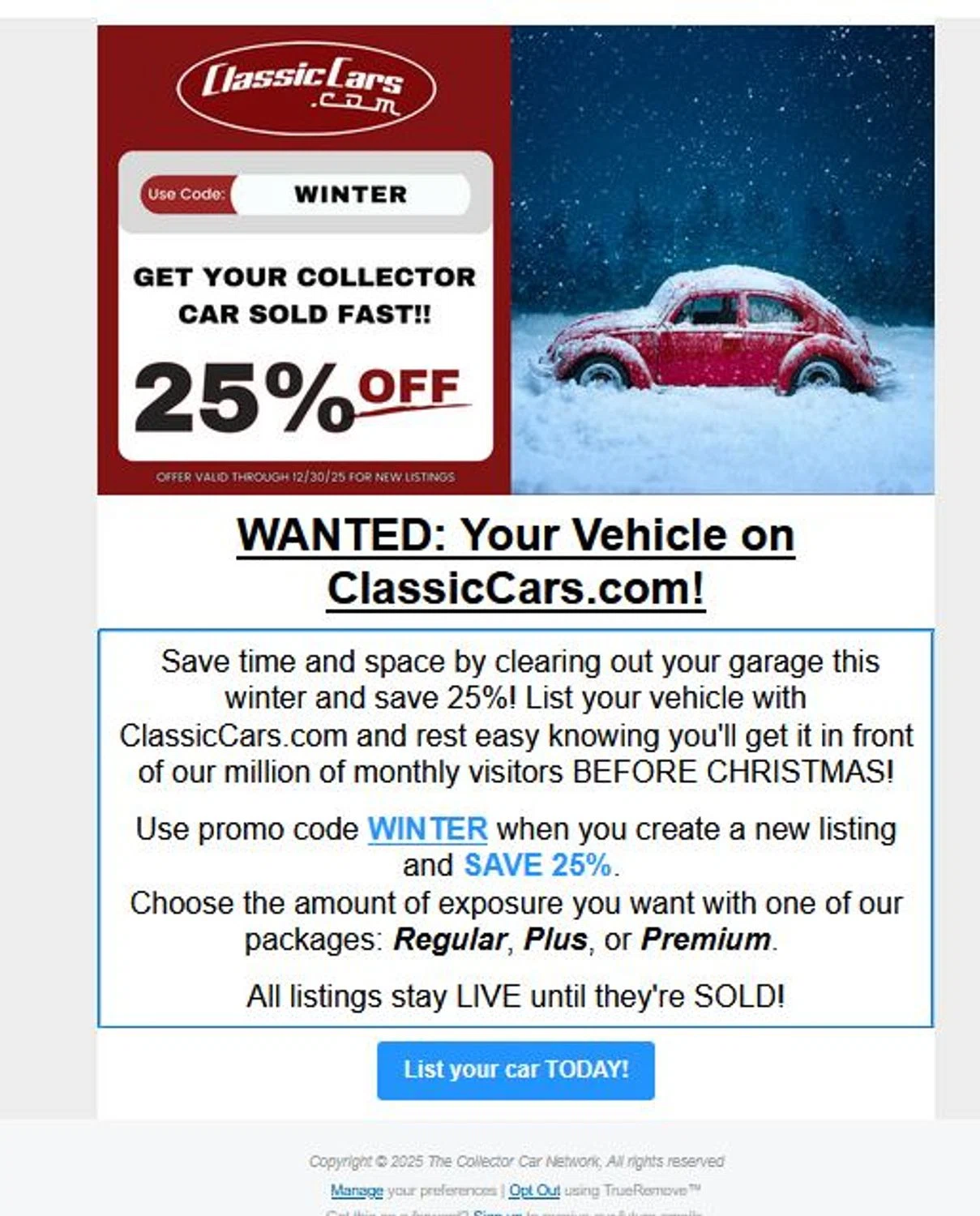 ClassicCars.com promo code screenshot showing code winter applied at ClassicCars.com checkout page. Uploaded by SimplyCodes community member stygian1 on Dec 13, 2025