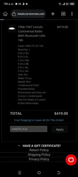 ClassicCarStereos.com coupon verification screenshot