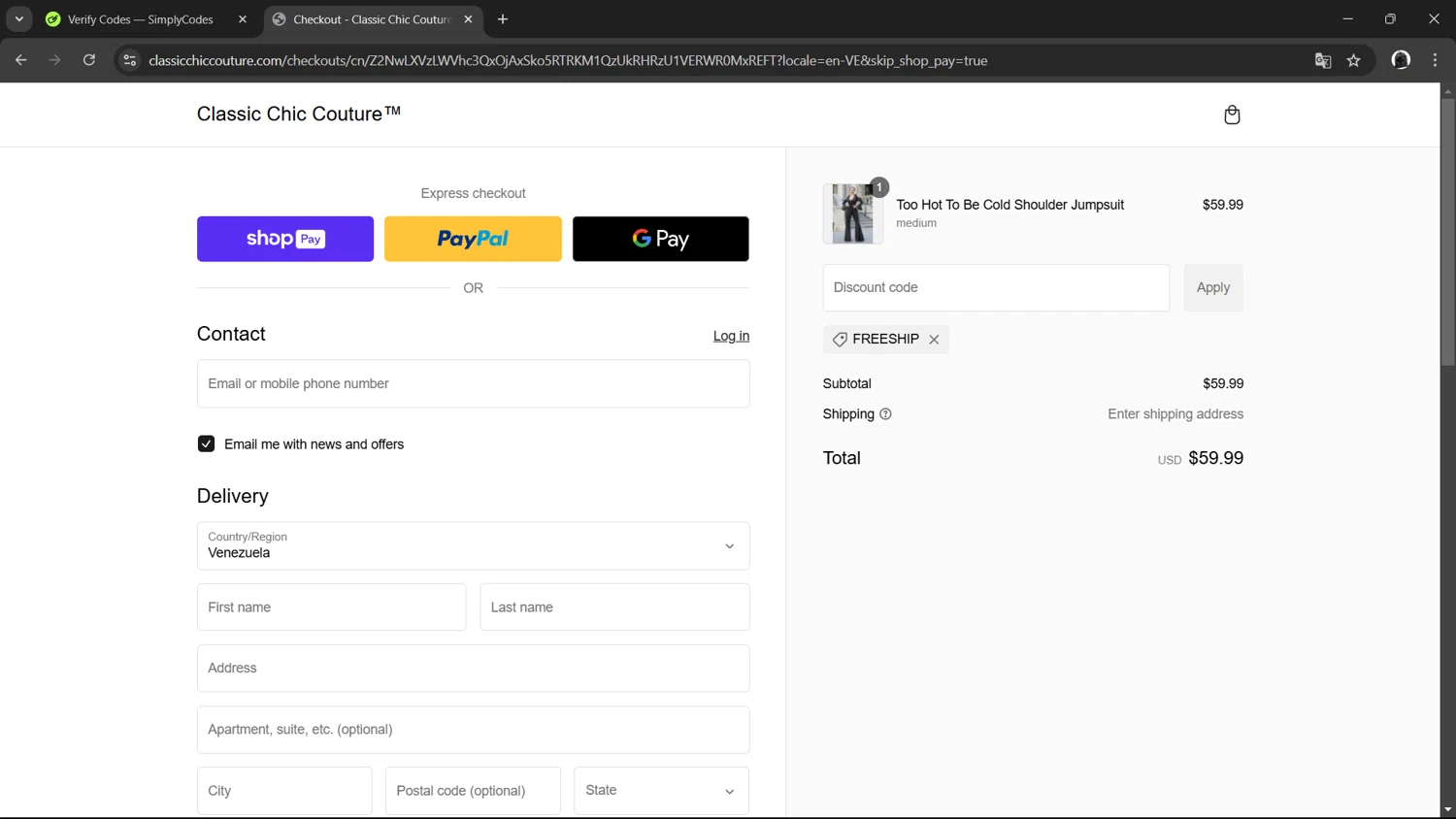 Classic Chic Couture promo code screenshot showing code FREESHIP applied at Classic Chic Couture checkout page. Uploaded by SimplyCodes community member ArthurMorgan on Jan 23, 2025