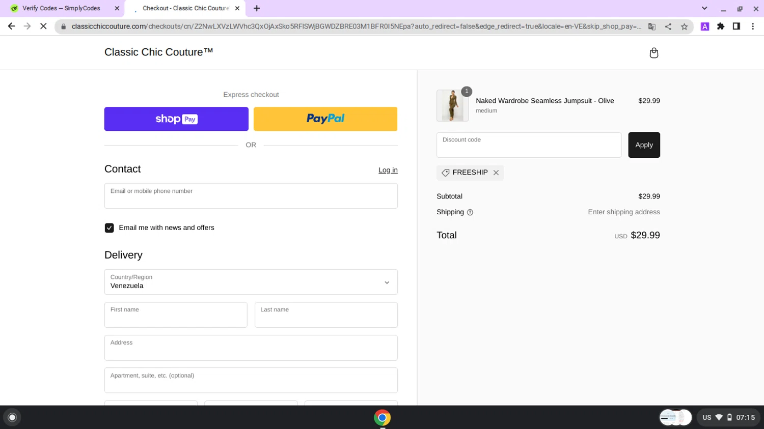 Classic Chic Couture promo code screenshot showing code FREESHIP applied at Classic Chic Couture checkout page. Uploaded by SimplyCodes community member lapampita on Jan 23, 2025