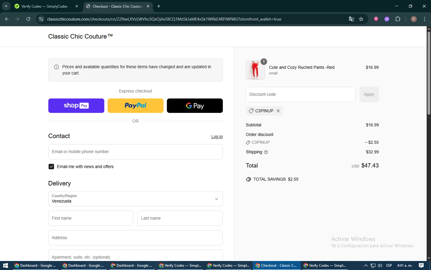 Classic Chic Couture promo code screenshot showing code C3PINUP applied at Classic Chic Couture checkout page. Uploaded by SimplyCodes community member RoyalSleuth6331 on Jun 22, 2025
