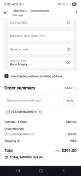 Classicharms10 coupon verification screenshot