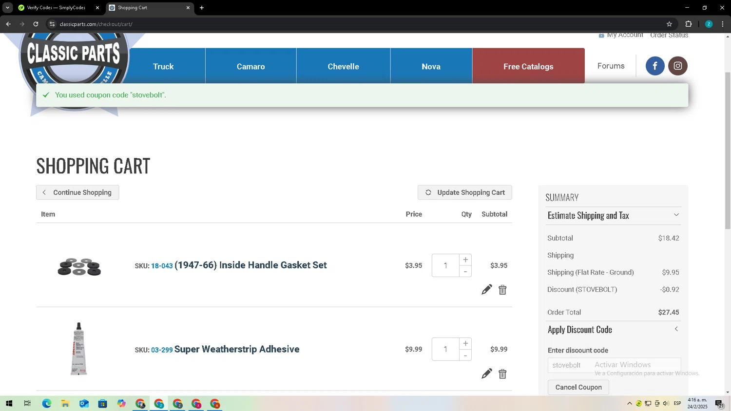 Classic Parts checkout page showing Classic Parts discount code box | Screenshot taken by SimplyCodes community member on Feb 24, 2025